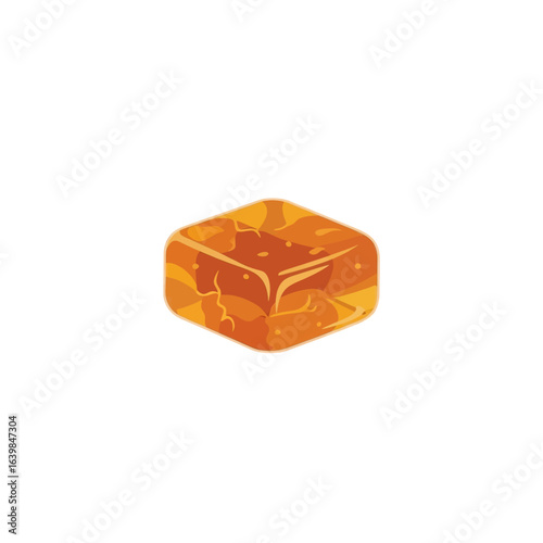 A single piece of caramel candy, a sweet and chewy confection in a cube shape.