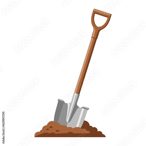 A cartoon illustration of a shovel with a wooden handle stuck in a pile of brown dirt.