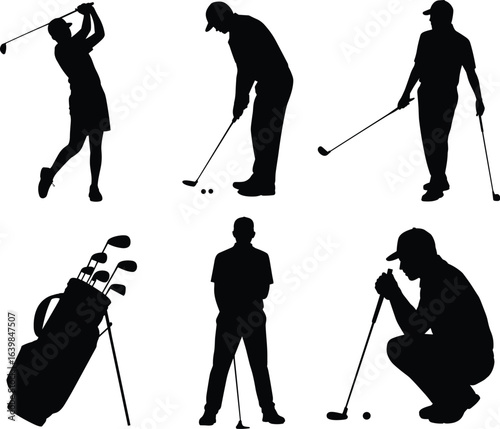 Golf player silhouette set, golfers playing, putting, swinging, practicing, golf bag equipment illustration, sports collection for golf activity vector design