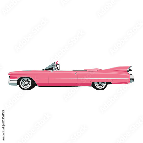 A side profile illustration of a classic pink convertible vintage car with tailfins.