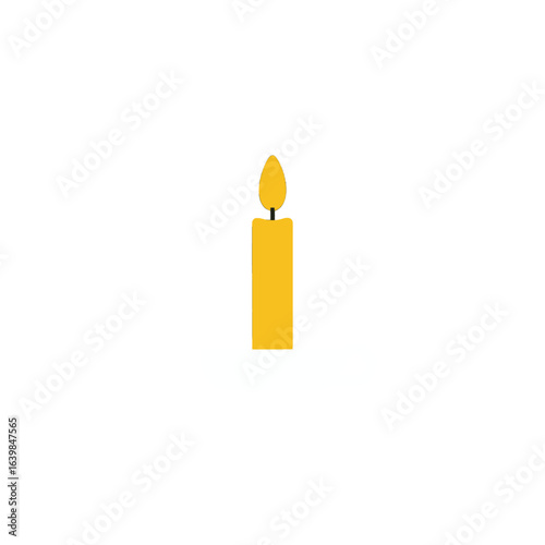 A single yellow candle with a bright flame on a white background.