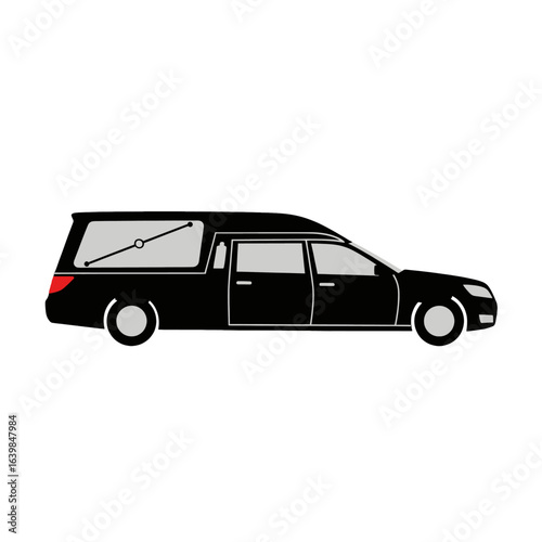 Black hearse car illustration, side view, for funeral service.