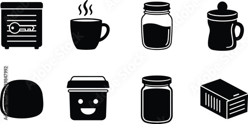Baby food storage icons, safe baby jar, hot beverage cup, toddler sippy cup, soft bread roll, smiling food container, milk jar, storage box essentials.