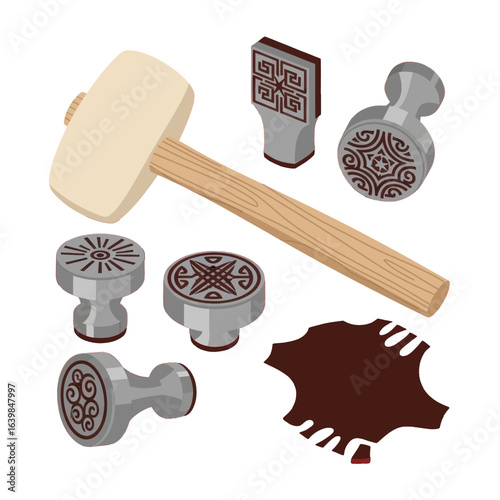 An isometric illustration of leatherworking tools, including a mallet, various patterned stamps, and a piece of leather.