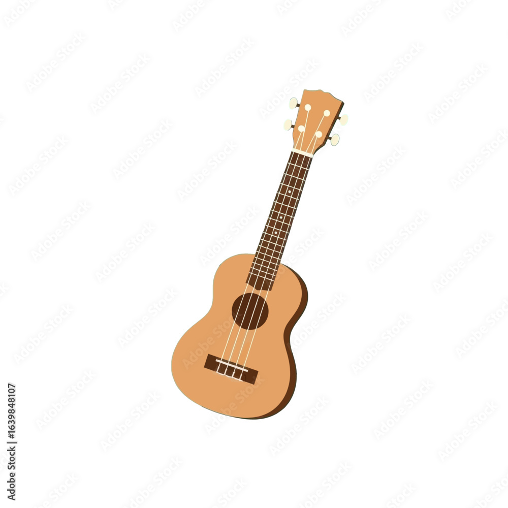 Obraz premium A classic four-string acoustic ukulele with a light brown wooden body, shown at an angle on a white background.