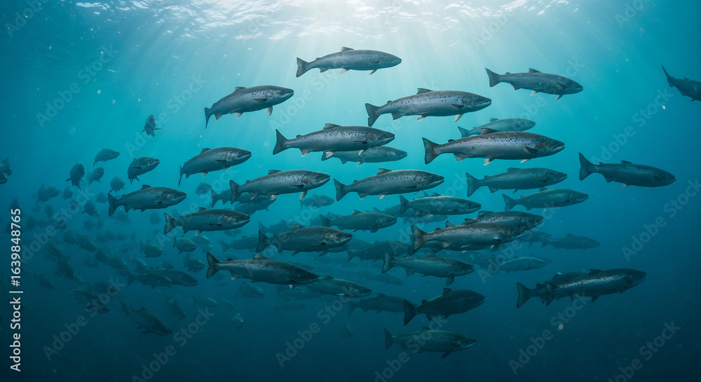 Obraz premium Atlantic Salmon Shoal in Open Ocean