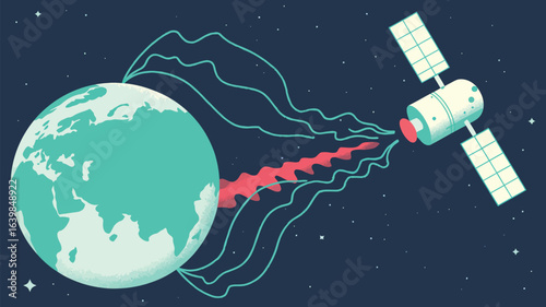 Satellite orbiting earth in outer space with signal waves and curved transmission lines surrounding the globe