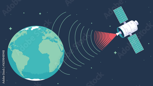 Space satellite transmitting curved signal lines around earth in detailed illustration showing global communication