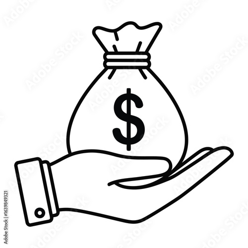 Hand holding money bag with dollar sign icon outline vector