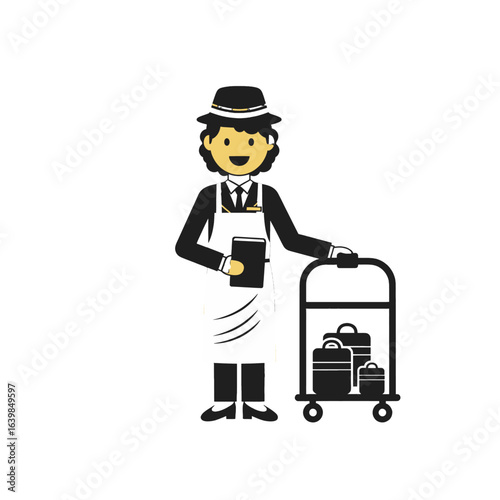 A hotel bellhop in uniform assisting guests with their luggage on a cart.