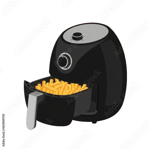 Black air fryer with golden french fries inside, open lid, isolated on white.