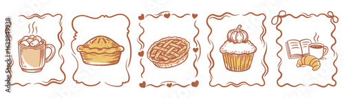Cozy autumn food illustration set: hot cocoa with marshmallows, pie, lattice pie, pumpkin cupcake, and coffee with croissant and book, all framed with vintage decorative borders