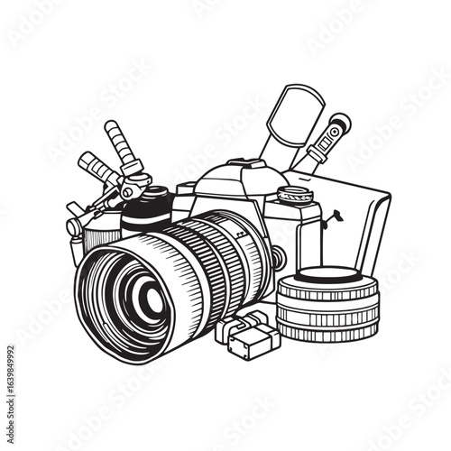 Photography hobby with camera gear vector design concept black and white illustration.