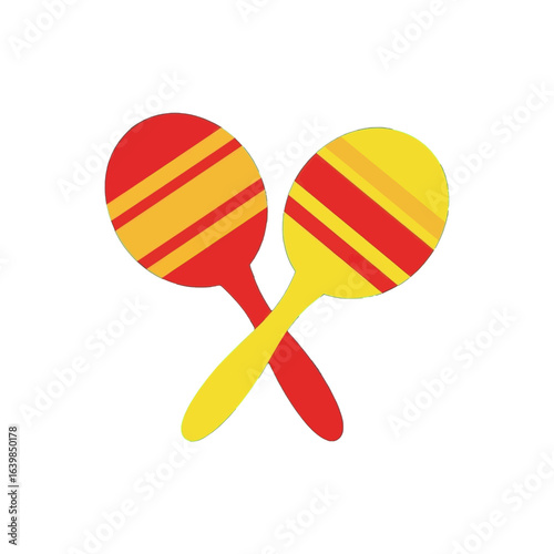 Two colorful maracas, one red and one yellow, crossed, representing music and celebration.