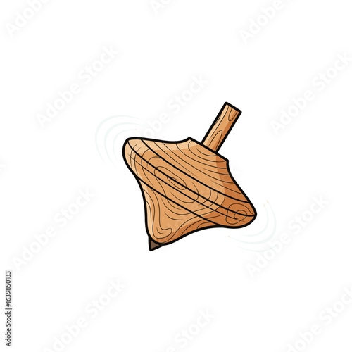 A detailed illustration of a classic wooden spinning top in motion, isolated on a white background.