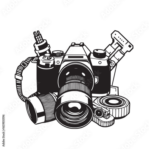Photography hobby with camera gear vector design concept black and white illustration.