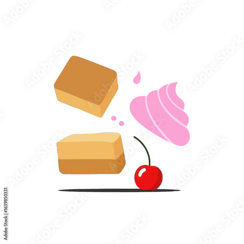 Image of a cake with whipped cream and cherry, in a dynamic, flying pose.