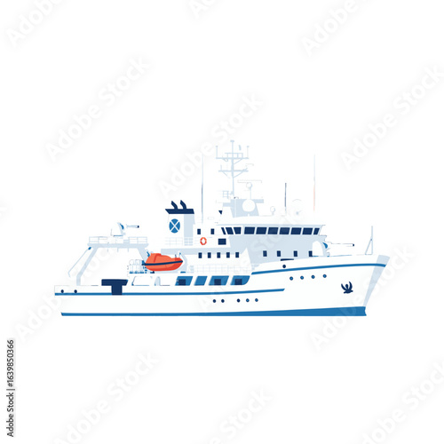 Side view illustration of a large white oceanographic research ship with an orange lifeboat, isolated on a white background.