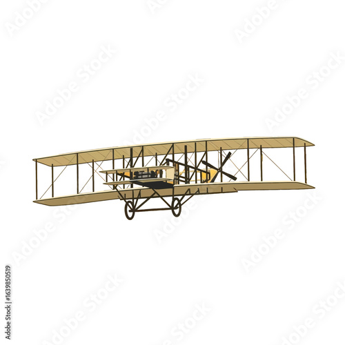 A vintage Wright Flyer biplane, an early aircraft with pusher propellers and complex rigging, isolated on a white background.