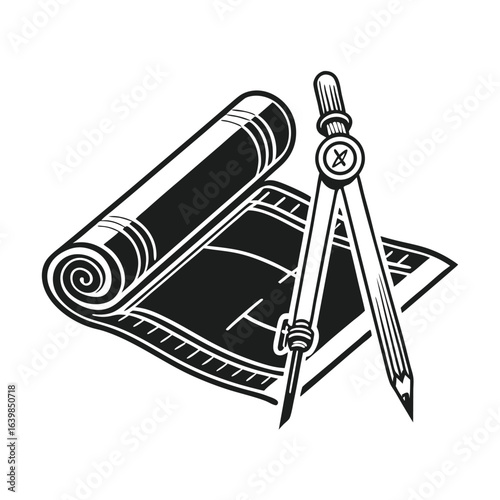 Silhouette icon of a rolled blueprint and a drafting compass. Black and white vector illustration for architecture or engineering design.