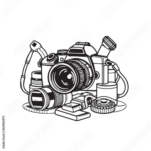 Photography hobby with camera gear vector design concept black and white illustration.