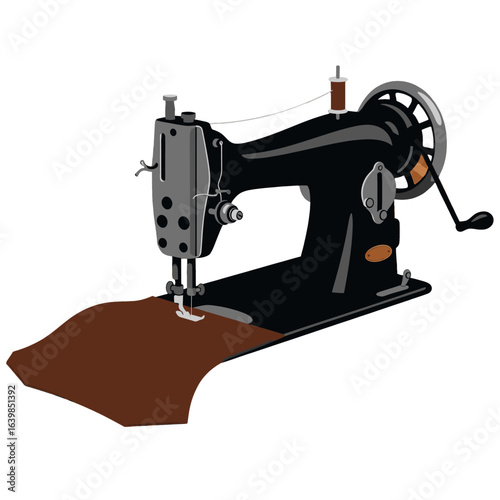 Vintage sewing machine with fabric.