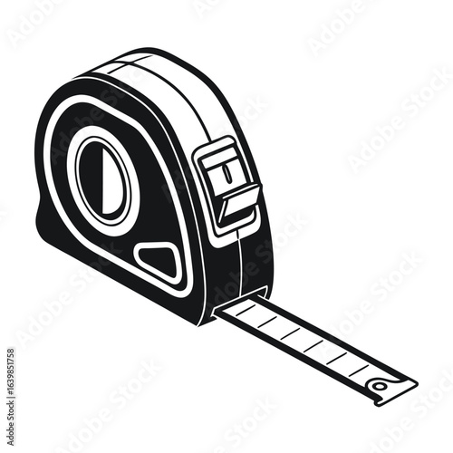 Silhouette of a measuring tape extended from its case. A black and white vector icon for construction and measurement.