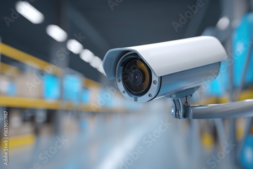 A modern security camera is mounted indoors, monitoring a brightly lit industrial or warehouse environment with shelves and storage boxes