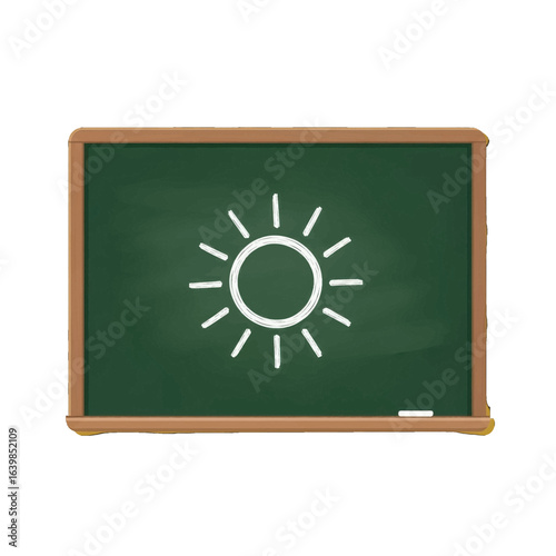 A simple white chalk drawing of a sun on a green chalkboard with a wooden frame.