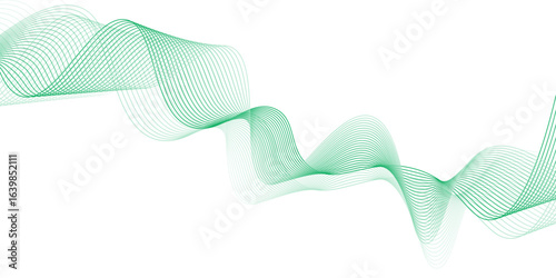 Green ribbon on white background. Curve blending line backdrop design. Flowing wavy lines isolated on white background. Tech futuristic motion geometric background. Frequency soundwave pattern. 