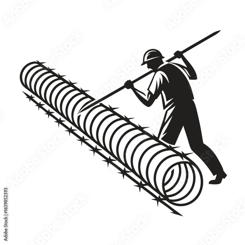 Stylized black icon silhouette of an industrial worker pushing a coil of concertina razor wire. A vector graphic for security or labor.