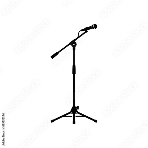 A black silhouette of a microphone on an adjustable stand, ready for a performance or recording session.