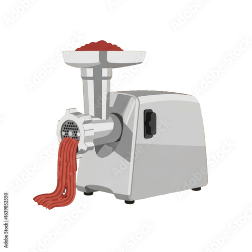A detailed illustration of an electric meat grinder processing raw meat into ground form.