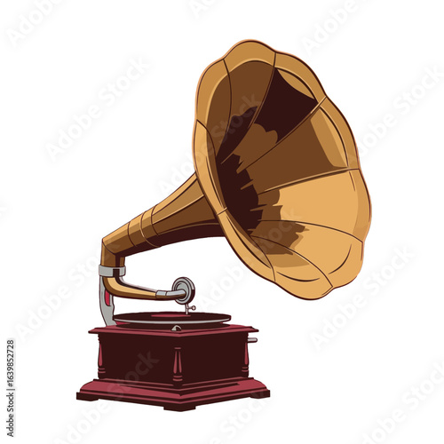 An illustration of a vintage gramophone with a large brass horn and a wooden base, representing old technology for playing music.