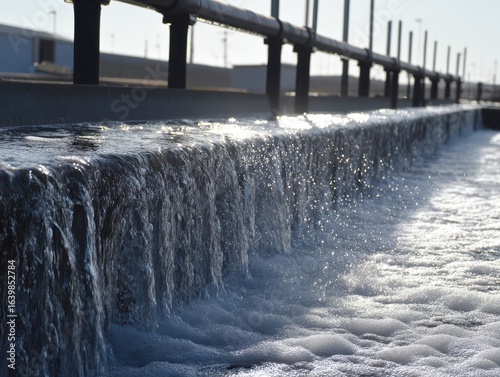 Wallpaper Mural Water flows over an industrial ledge in a treatment plant, creating foam and sparkling droplets in the sunlight Torontodigital.ca