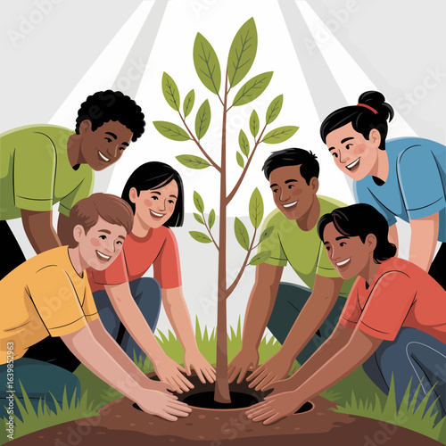 Happy diverse group of volunteers planting a tree together. A concept of community, teamwork, and environmental conservation.