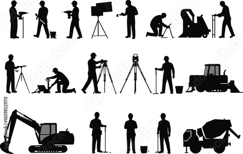 Construction workers and machinery silhouettes, surveyors, builders using equipment, excavator, bulldozer, cement mixer, roadwork laborers, civil engineering site vector illustration set