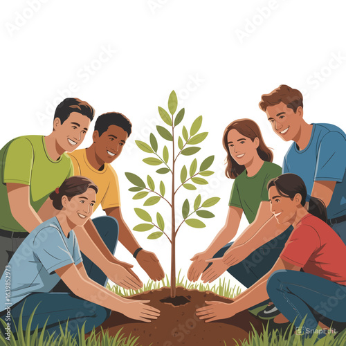 A diverse group of young friends happily planting a sapling together. A concept of community teamwork for environmental conservation.