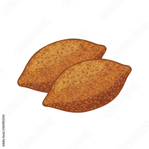 Two golden brown fried or baked savory pastries, possibly Middle Eastern kibbeh or Latin American coxinha, with a textured surface.