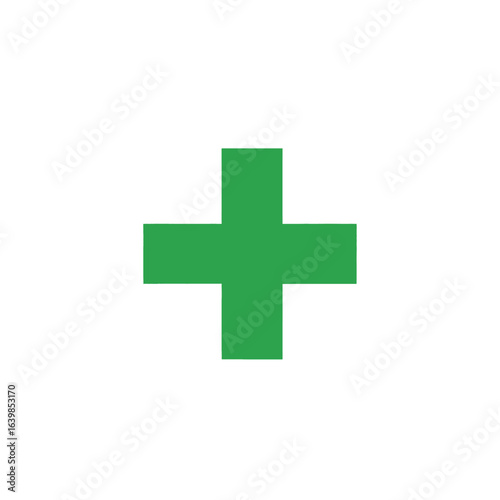 A simple graphic of a green plus sign, centered on a white background, representing addition or a positive symbol.