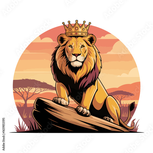Majestic lion king with a golden crown seated on a rock. Vector illustration of a royal animal in the African savanna at sunset.