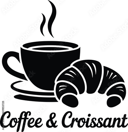 Simple black and white illustration featuring coffee cup steaming and delicious croissant in cafe design