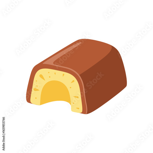 A piece of chocolate-covered yellow filling confectionery.
