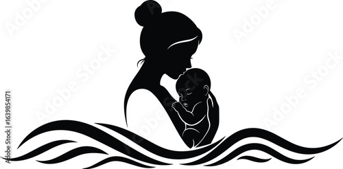 Mother holding baby in arms, silhouette vector, maternal love illustration, abstract family art, emotional bond design, black and white motherhood graphic concept.