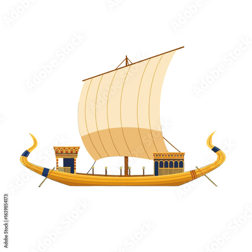 Ancient Egyptian sailing vessel with curved hull and large sail.