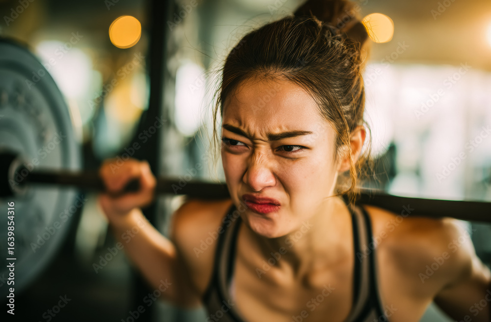 Obraz premium Lifting heavy barbell weights with focus and effort, a woman expression shows the determination and exertion required to build physical strength.