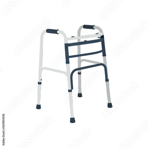 A standard medical walker with adjustable legs, a mobility aid for support and stability.