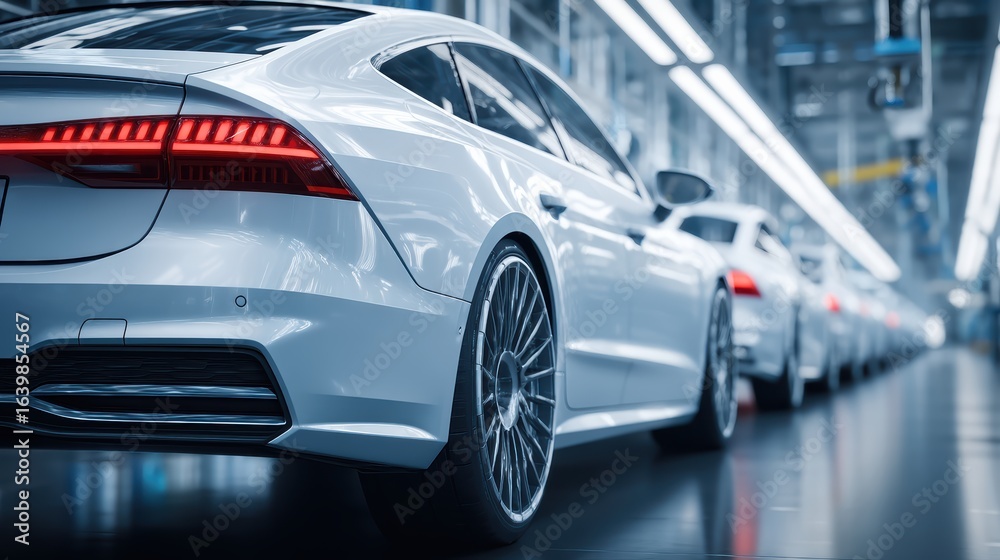 Obraz premium A row of sleek white cars lined up in a modern automotive factory with bright lighting and reflective floors
