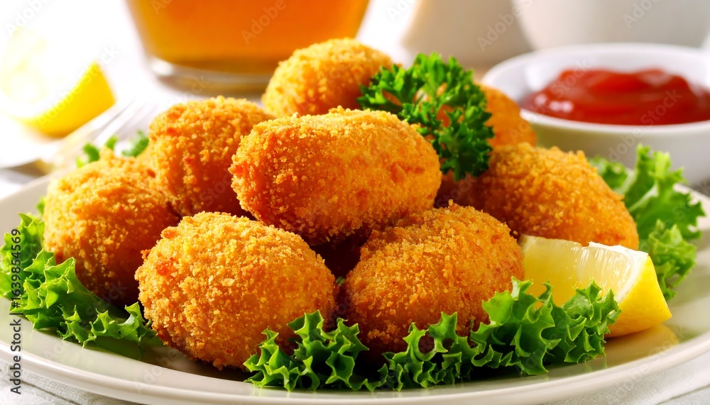 Golden fried food balls served with fresh greens. Golden fried food balls served with fresh greens.