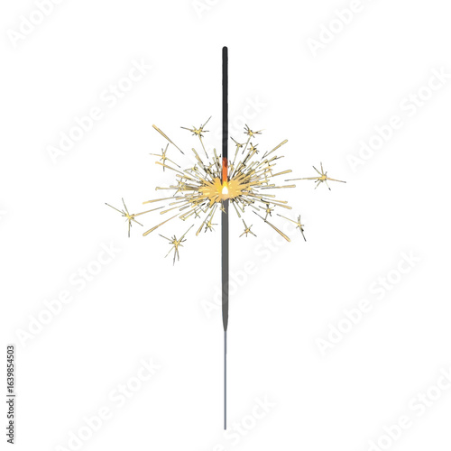 A single lit sparkler emitting a vibrant burst of golden sparks against a clean white background, symbolizing festivity and celebration.